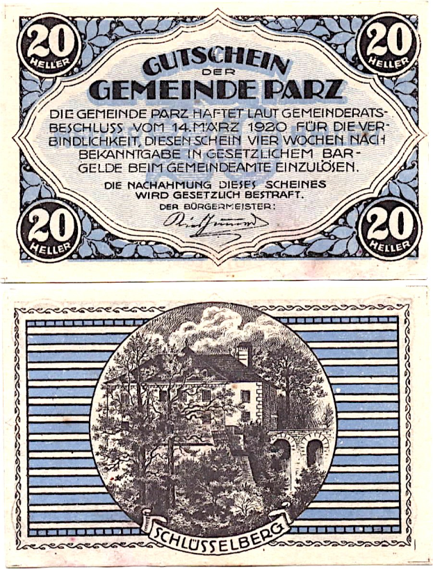 Alte deutsche 20-Pfennig-Banknote mit einem Gebäude und Bäumen, mit der Aufschrift 'Gutschein Gemeinde Park'.
