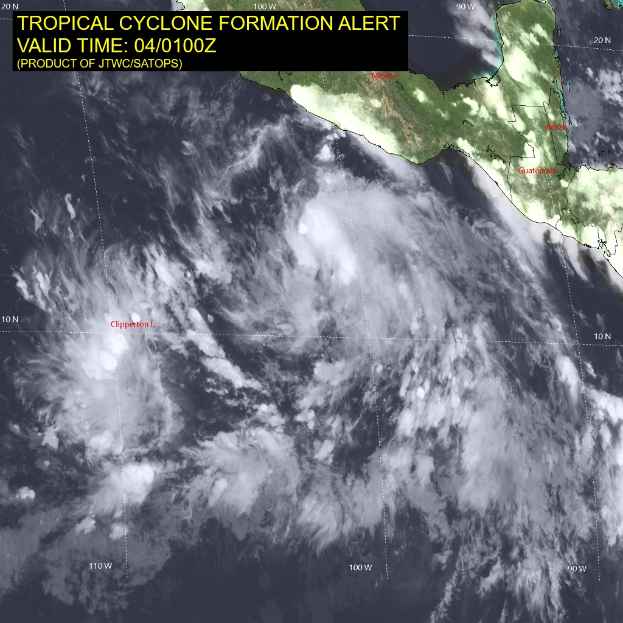 Satellitenansicht einer tropischen Wirbelsturmwarnung im Golf von Mexiko mit einer regionalen Karte im Hintergrund und dem Text "Tropischer Wirbelsturmwarnung" oben.