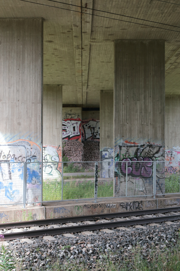 Eine Schienenstrecke mit Graffiti an der Seite, umgeben von Steinen, Gras, einem Zaun, Säulen, Drähten und einem Dach.