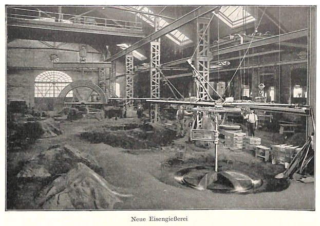 Schwarze und weiße Fotografie einer Fabrik mit Arbeitern, die Maschinen bedienen, Metallstangen und Pfosten, beschriftet mit "Neue Eisenglebeerei, die erste Fabrik Deutschlands."