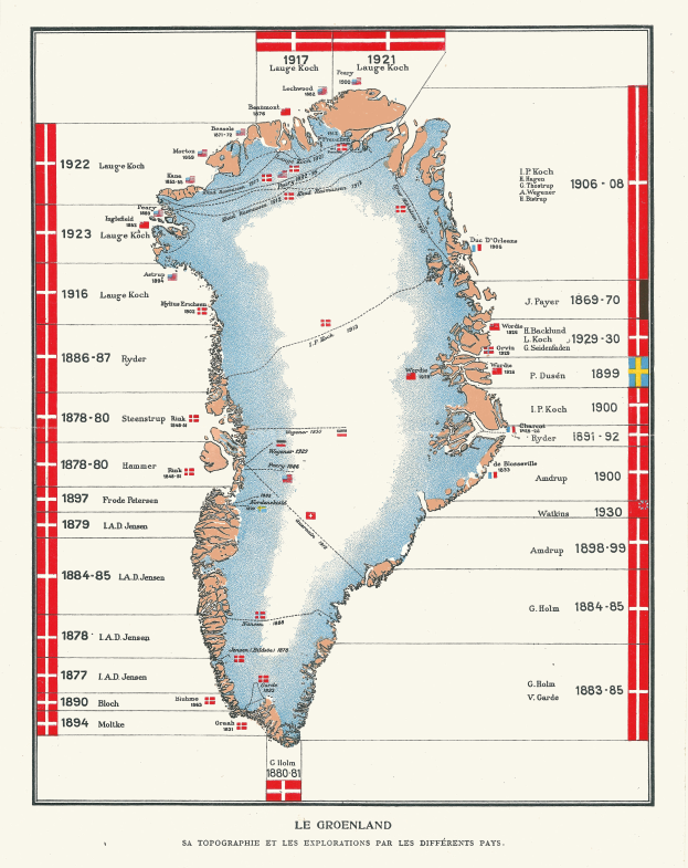Eine Karte von Grönland mit der Ausdehnung des arktischen Meereises markiert, gefüllt mit Text und Zahlen, die die Region detailreich beschreiben.