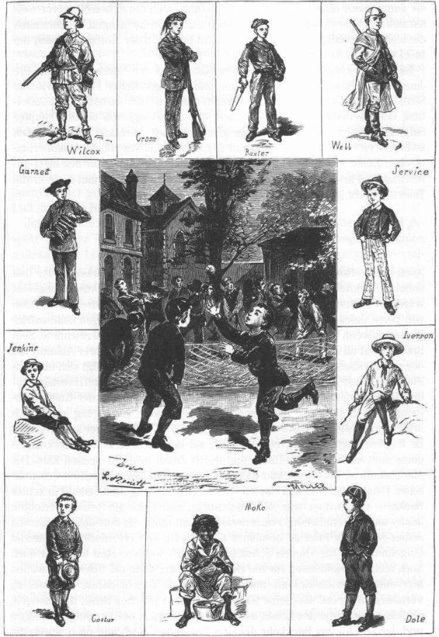 Schwarze und weiße Illustration von Kindern, die Baseball spielen, mit einem Gebäude und Bäumen im Hintergrund, unten mit "Die Geschichte des Baseball" beschriftet.