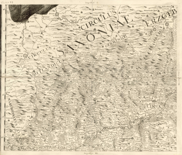 Detailierte alte Karte von Sachsen, Deutschland, die geografische Merkmale wie Flüsse, Berge und Städte mit begleitendem Text zeigt.