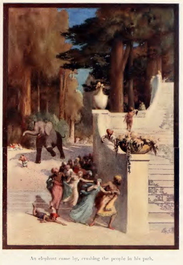 Gemälde, das eine Gruppe von Menschen in einem Park mit einem Elefanten im Vordergrund und Bäumen im Hintergrund zeigt, begleitet von dem Text "Ein Elefant kam vorbei, zertrampelte die Menschen auf seinem Weg" unten.