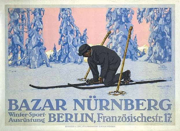 Plakat zum Bazar Nürnberg Winter Sport in Berlin, Deutschland, das eine Person beim Skifahren mit Bäumen im Hintergrund und Text zeigt.