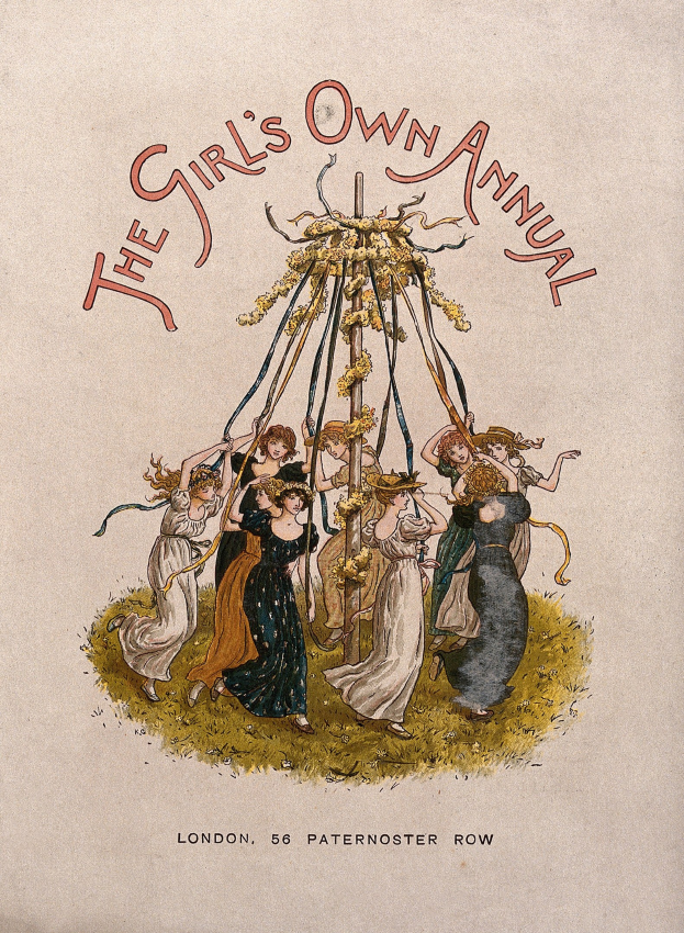 Schwarze und weiße Illustration aus 'The Girl's Own Annual', die eine Gruppe von Menschen in bunten Kleidern beim Tanzen um einen geschmückten Maibaum zeigt.