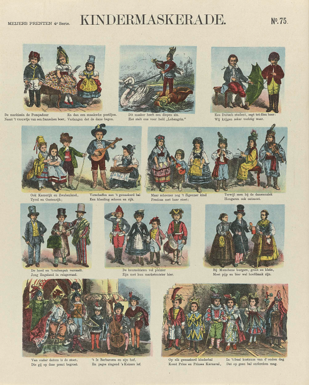 Ein Buch mit bunten Bildern von Kindern in verschiedenen Kostümen, einschließlich Masken und Hüten, mit begleitendem Text, der wahrscheinlich die Kostüme beschreibt.