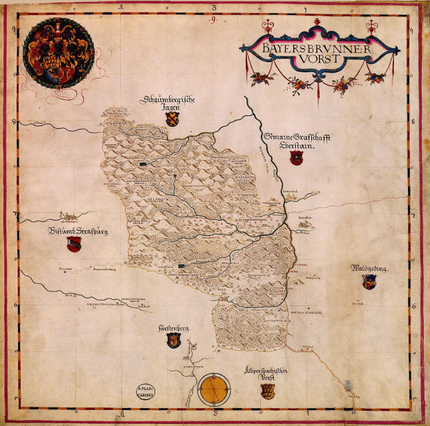 Eine Karte von Bayern aus dem 15. Jahrhundert, die Flüsse, Berge, Städte und begleitenden Text und Logos zeigt.