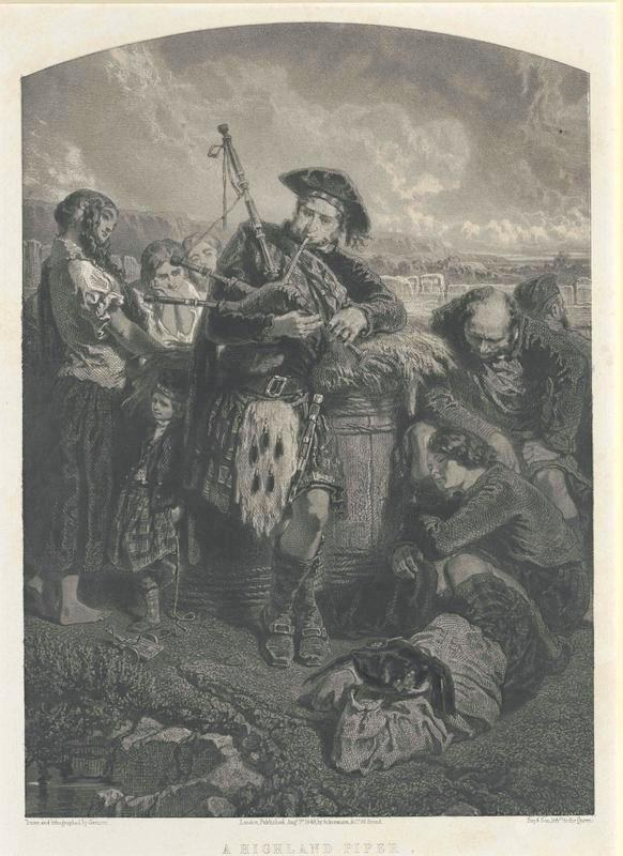 Schwarze und weiße Gravur eines Mannes, der eine Dudelsack vor einer Gruppe von Menschen spielt, mit einem bewölkten Himmel im Hintergrund, mit der Aufschrift "Ein Highland-Pfeife" unten.