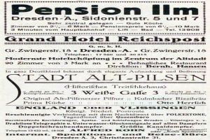 Alte Zeitungsanzeige f├╝r die Pensions-Inn in Dresden, Deutschland, mit schwarzem Text auf wei├čem Hintergrund.
