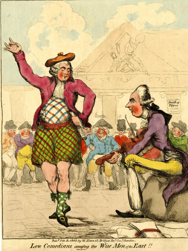Zeichnung eines Mannes in einem Kilt und einer Frau in einem Kleid, die vor einer Menge stehen, mit einem Gebäude und Wolken im Hintergrund und dem Text "Wenige Komiker unterhalten die weisen Männer des Ostens" unten.