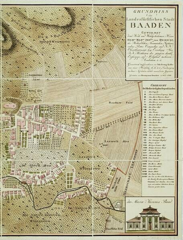 Ausführliche alte Karte von Baden-Württemberg, Deutschland, mit einem Gebäude in der rechten unteren Ecke, die Straßen, Gebäude und Sehenswürdigkeiten zeigt.