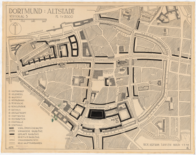 Ein detaillierter alter Stadtplan von Dortmund, Deutschland, mit Text, der einen umfassenden Überblick über das Gebiet bietet.