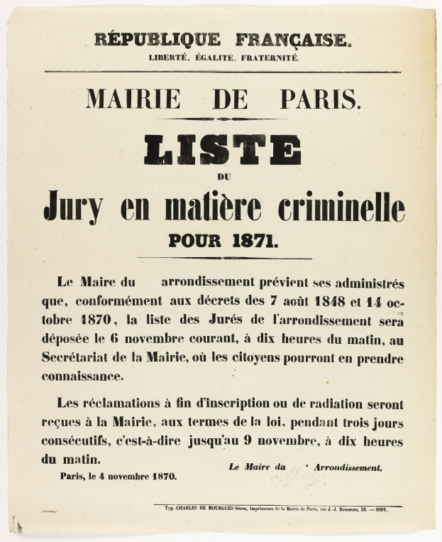 Schwarze und weiße französische Zeitungsanzeige für die 'Marie de Paris Liste Jury en Matiere Criminelle' aus dem Jahr 1871, die Text über die Jury enthält.