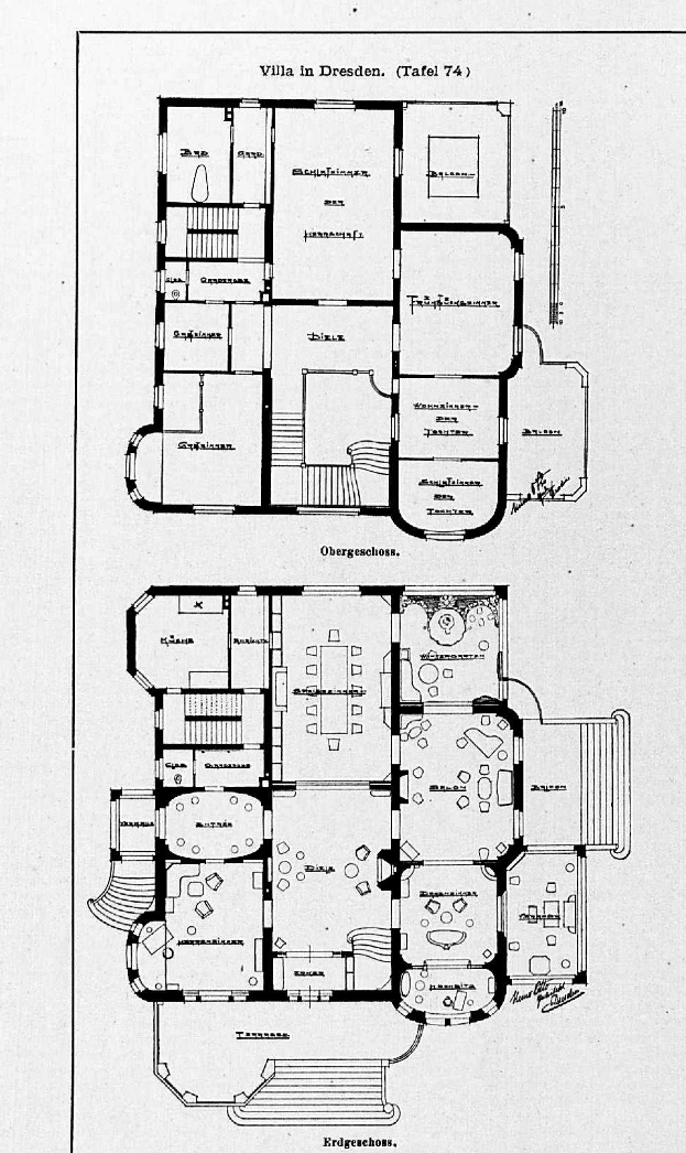 Ein Schwarz-Weiß-Fußbodenplan eines Hauses mit mehreren Zimmern, beschriftet mit Details über die Zimmeranzahl und -größen, vermutlich die Villa in Dresden, Deutschland.