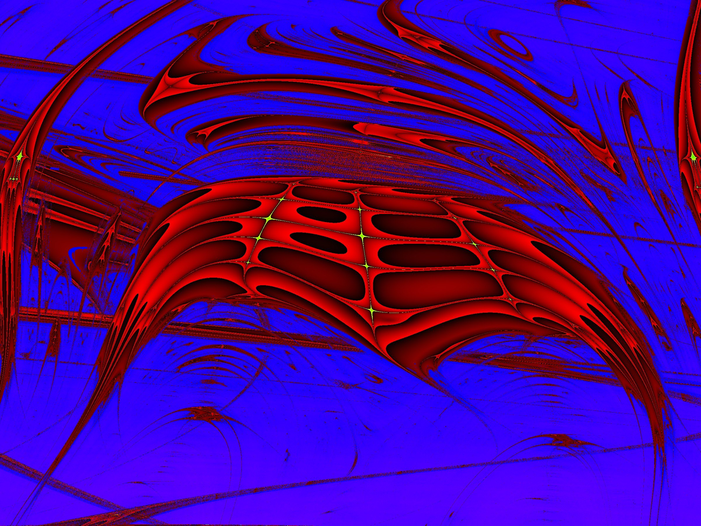 Ein lebendiges, komplexes, computergeneriertes Design in Rot und Blau mit einem faszinierenden Effekt.