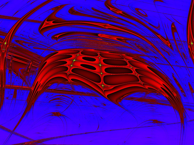 Ein lebendiges, komplexes, computergeneriertes Design in Rot und Blau mit einem faszinierenden Effekt.