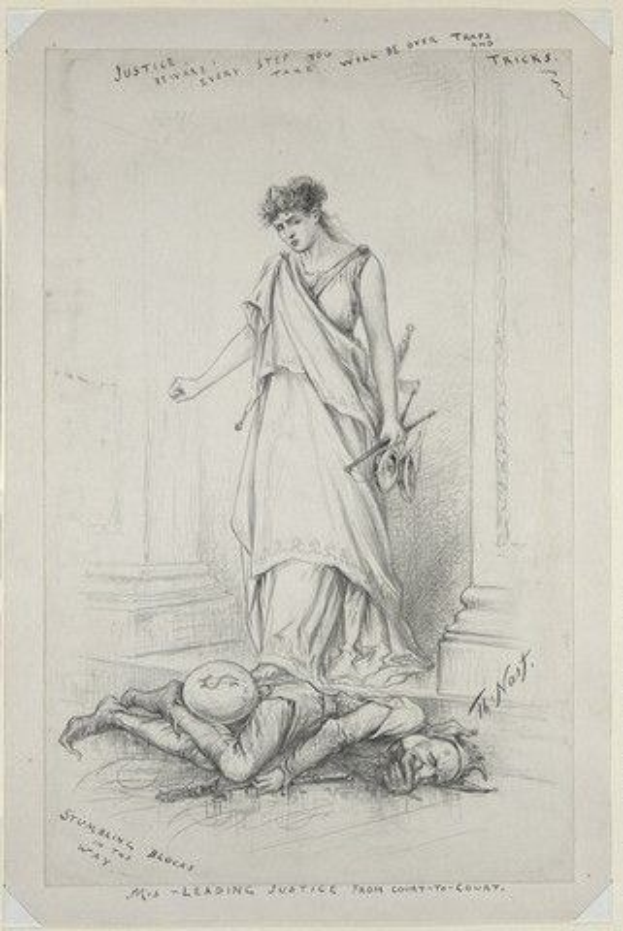 Eine Frau in einem langen Kleid steht mit gefalteten Händen neben einem Mann, der auf dem Rücken liegt und seinen Kopf auf den Händen hat, neben Text, der "Der führende Richter vom Bezirksgericht" liest.