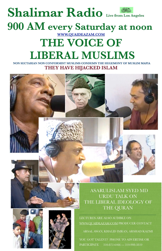 Plakat für den Radioshow "Die Stimme der liberalen Muslime" mit Bildern von Menschen mit Kopfhörern und Mikrofonen in einem Gespräch.