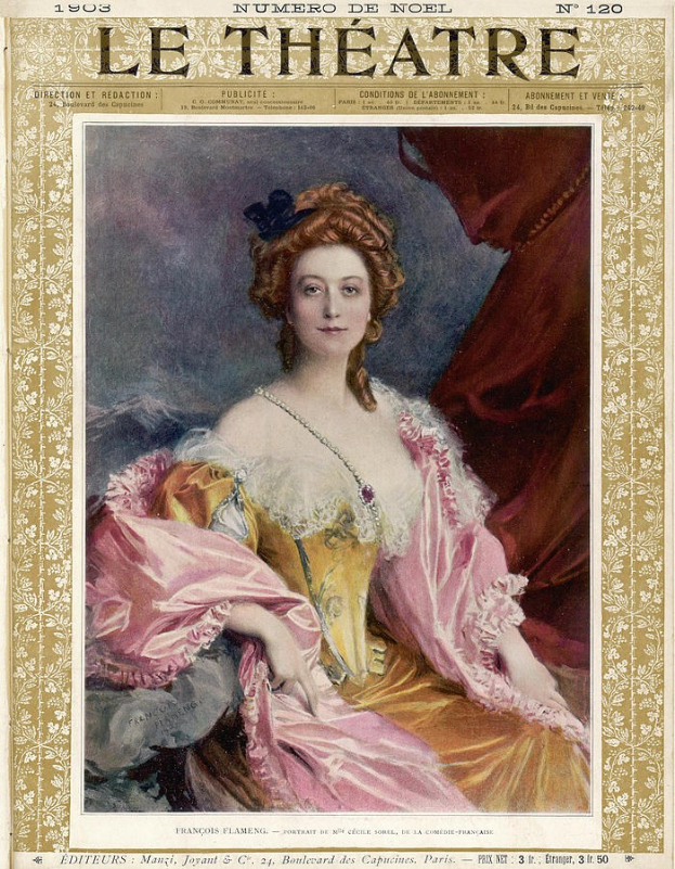 Eine Frau in einem pinken Kleid mit zurückgebundenem Haar, die direkt in die Kamera schaut und einen sanften Gesichtsausdruck hat, auf dem Cover eines Magazins mit der Aufschrift "Le Theatre".