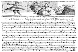 Eine Schwarz-Weiß-Zeichnung einer Gruppe von Menschen in historischer Kleidung, die um ein Blatt Musik tanzen, mit der Inschrift "Moores Verpflichtung zur Operation" und musikalischen Noten, die in einem Muster angeordnet sind.