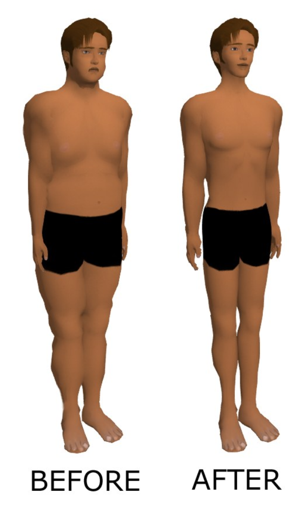 Zwei animierte Figuren eines Mannes in schwarzen Shorts, eine vor und eine nach dem Gewichtsverlust, auf einem weißen Hintergrund mit Text.