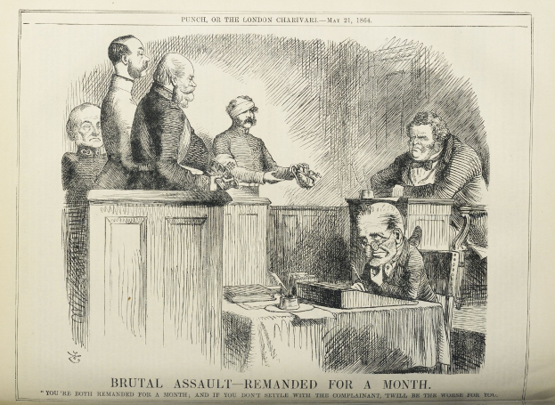 Eine Zeichnung einer Gruppe von Menschen, die um einen Tisch sitzen, mit Büchern und Gegenständen, und Text unten, der "brutaler Angriff - vorläufig festgenommen" liest.