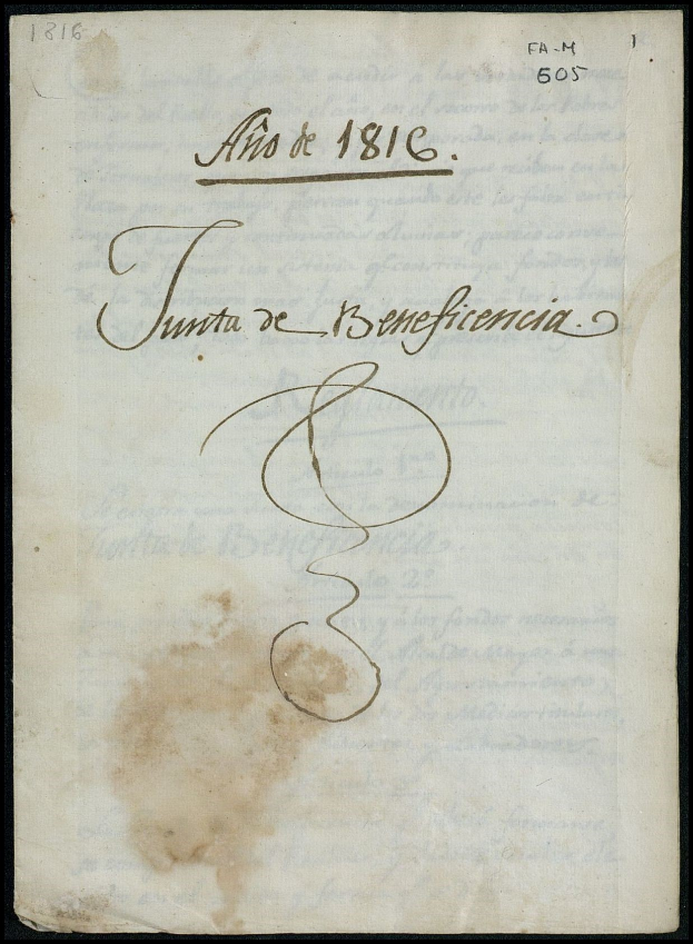 Ein altes Buch mit schwarzem Hintergrund und einem braunen Tintenklecks, auf dem der Text "Tuntas de Beneficiencia" steht.