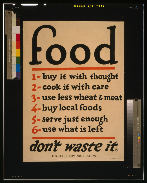 Plakat mit Text, der auf bewusste Ernährung und Abfallreduzierung aufmerksam macht.
