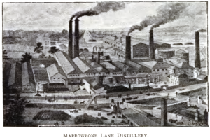 Eine Schwarz-Weiß-Zeichnung einer Fabrik mit Rauch, der aus ihren Schornsteinen aufsteigt, umgeben von Gebäuden, Bäumen und Menschen, mit dem Text "Marrowbone Lane Distillery" unten.