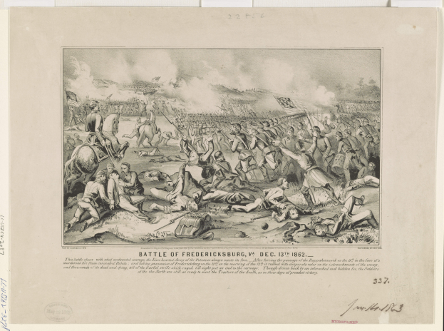 Ein Blatt Papier mit einer detaillierten Zeichnung der Schlacht von Fredericksburg, Virginia am 13. Dezember 1862, das eine chaotische Szene von Menschen, Pferden und verschiedenen Gegenständen zeigt, mit Text auf dem Papier.