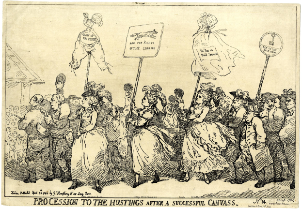 Schwarz-weiß-Illustration einer Menge mit Schildern, betitelt "Prozession zum Wahllokal nach einem erfolgreichen Wahlkampf."