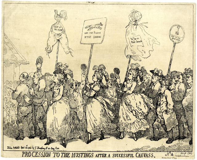 Schwarz-weiß-Illustration einer Menge mit Schildern, betitelt "Prozession zum Wahllokal nach einem erfolgreichen Wahlkampf."