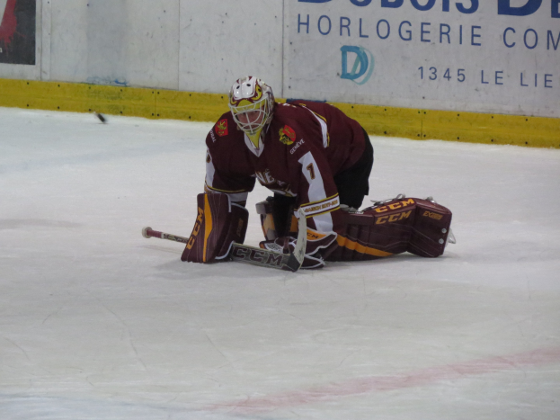 Eishockeyspieler in rotem und gelbem Trikot, der einen Schuss auf dem Eis hält, mit einem Stock in der Hand und einer Wand und Text im Hintergrund.