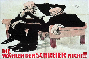 Ein deutsches Propagandaplakat für die NSDAP mit zwei männlichen Personen auf einem Sofa, mit Text, der Informationen zur Partei enthält.