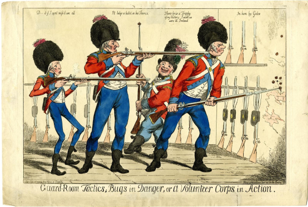 Ein Cartoon von bewaffneten Uniformierten, die in einem Wachraum stehen, mit dem Text 'Wachraum-Taktiken, Käfer in Gefahr oder eine Freiwilligenkorps in Aktion' unten.