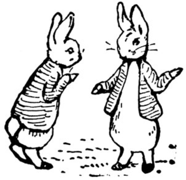 Zwei Kaninchen in einem schwarz-weißen Drawing stehen einander gegenüber und schauen sich neugierig an, vor einem weißen Hintergrund.