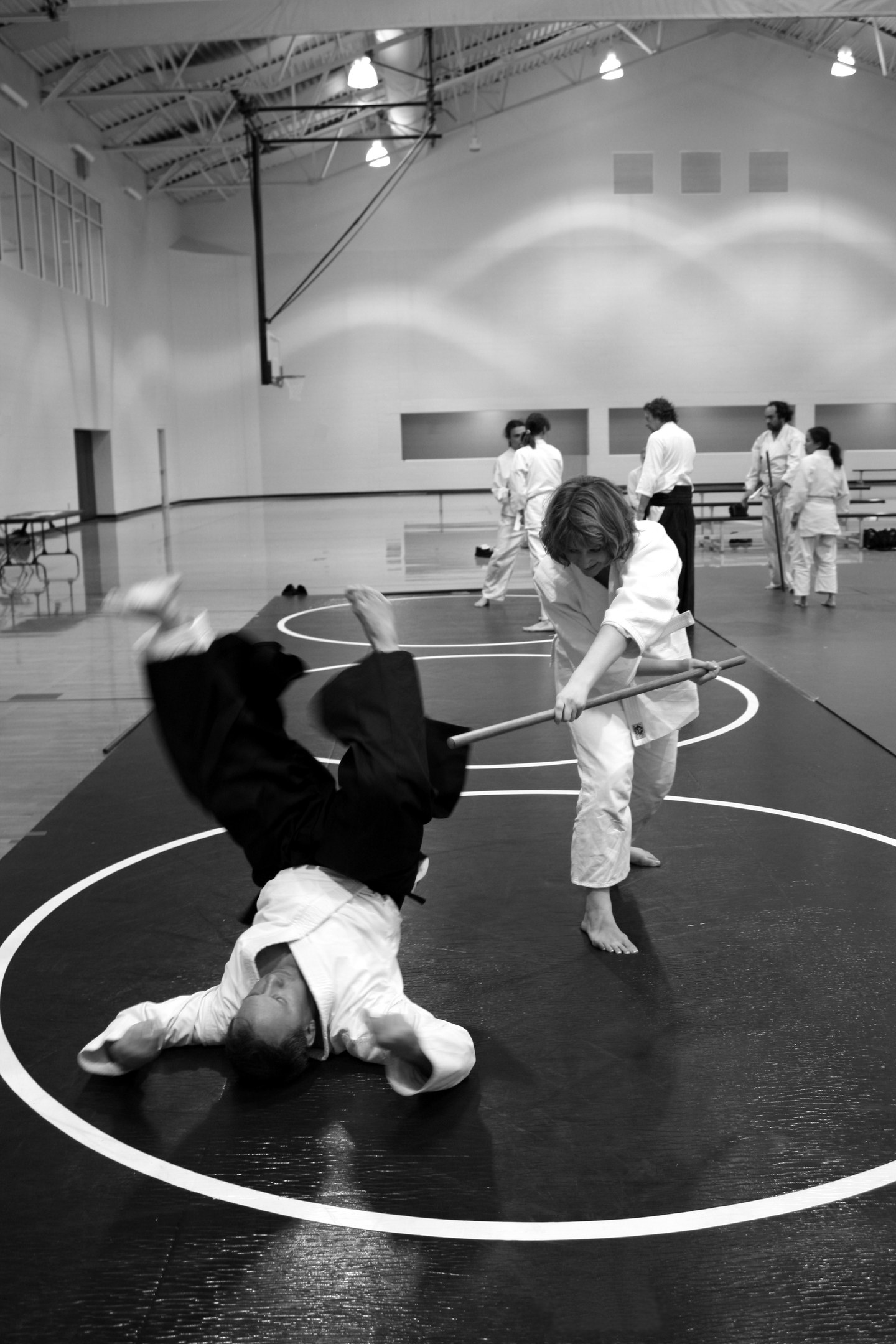 Zwei Personen üben Karate mit Stöcken in einer Turnhalle, während andere zuschauen, mit Deckenbeleuchtung im Hintergrund.