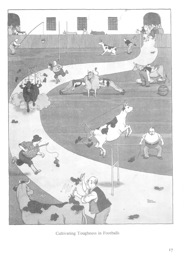 Schwarze und weiße Zeichnung von Menschen und Tieren auf einem Feld mit einer Wand und Fenstern im Hintergrund, die den Text "Härte im Fußball kultivieren" unten zeigt.