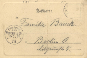 Eine alte deutsche Familiabank-Postkarte aus Berlin, Deutschland, mit handgeschriebener Text und einem aufgeklebten Stempel, geschätzt auf $600.