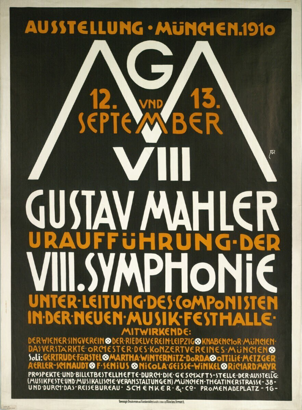 Ein Plakat für das sinfonische Konzert von Gustav Mahler in München, Deutschland, mit darauf geschriebenem Text.