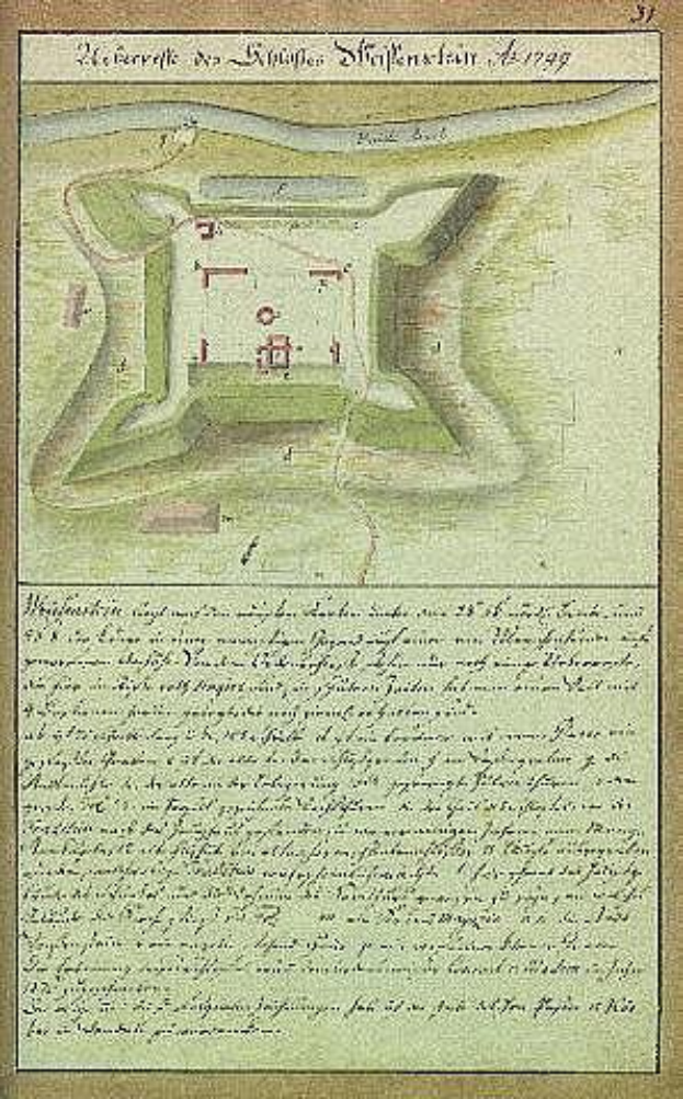 Ein altes Stadtplan von Stuttgart, Deutschland, das ein Schloss in der Mitte zeigt, mit begleitendem Text, der die Größe, den Standort und andere Merkmale des Schlosses beschreibt.