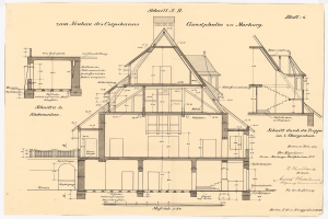 Ein detailliertes Bild des ersten Hauses in Deutschland, das ein Haus mit zahlreichen Fenstern und einem Dach zeigt, begleitet von ausführlichen Plänen und Text, der den Aufbau beschreibt.