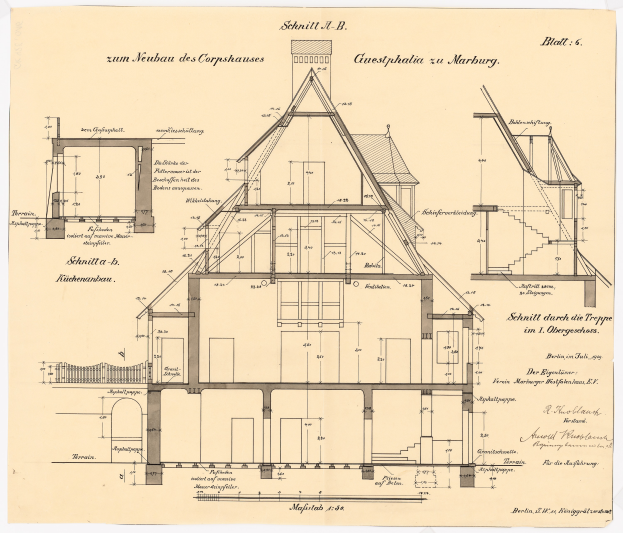 Ein detailliertes Bild des ersten Hauses in Deutschland, das ein Haus mit zahlreichen Fenstern und einem Dach zeigt, begleitet von ausführlichen Plänen und Text, der den Aufbau beschreibt.