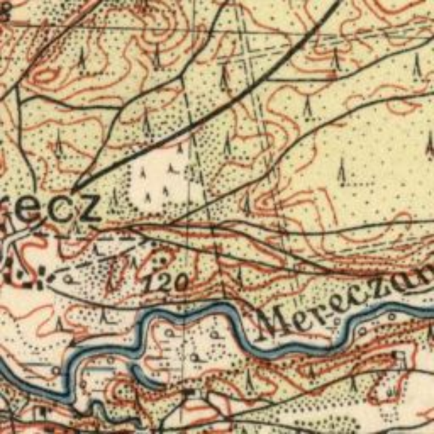 Ein altes topographisches Stadtplan von der Stadt Mercz, Polen, mit verschiedenen topographischen Merkmalen und Texten und Zahlen.