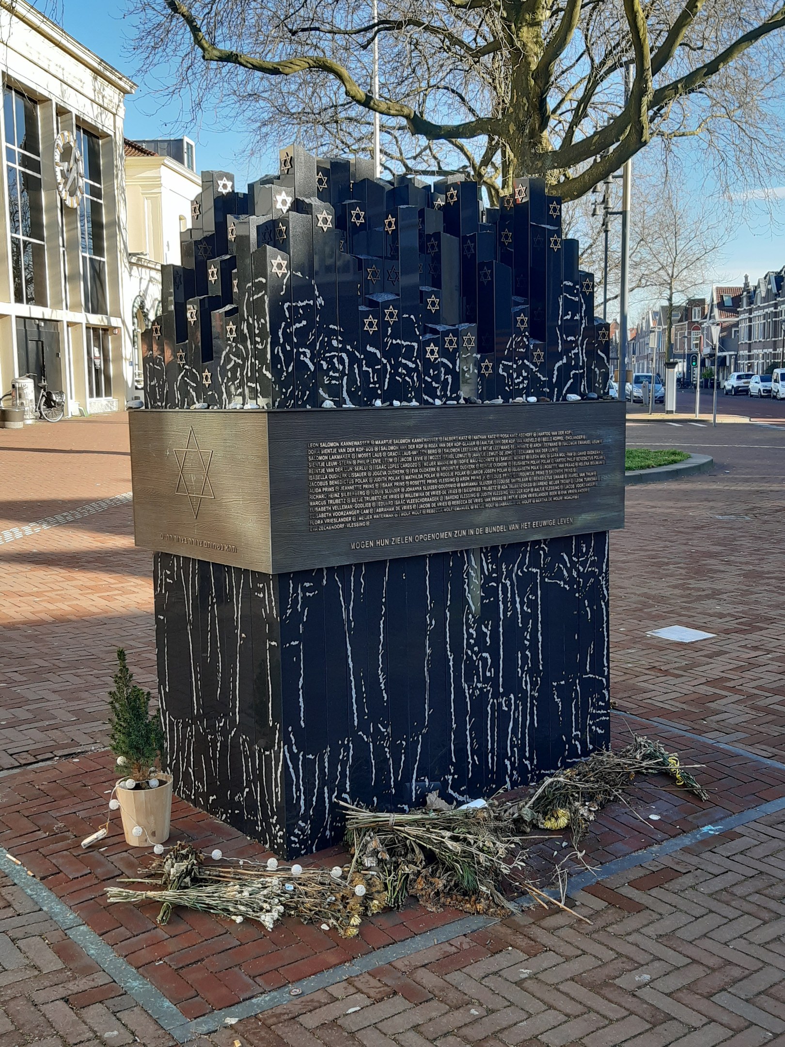 Denkmal für Holocaust-Opfer in einem Stadtplatz mit einem Baum, Topfpflanze, verstreuten Blättern und umliegenden städtischen Elementen.