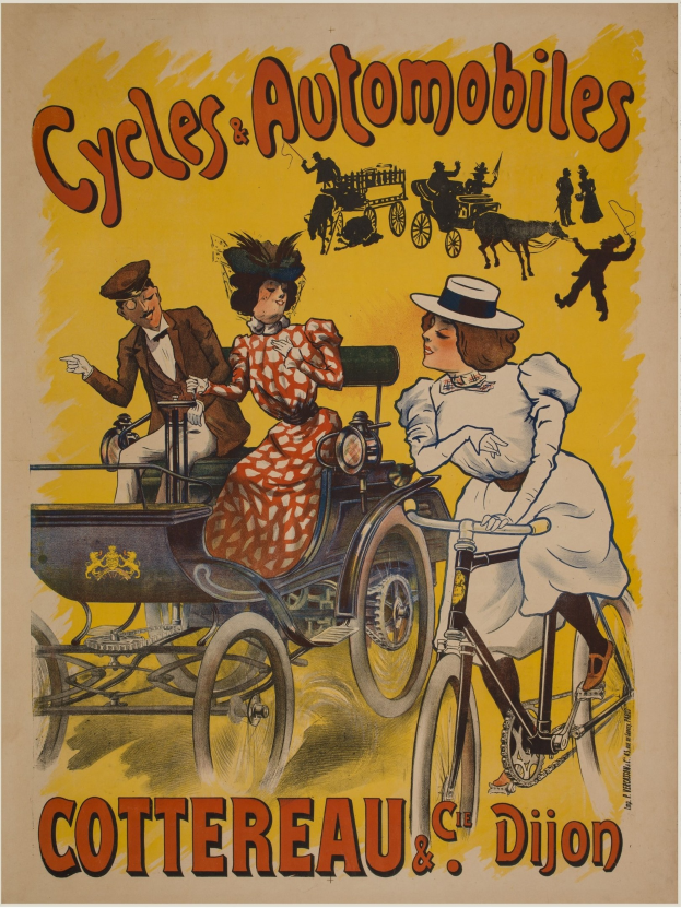 Plakat zur Ankündigung von Fahrrädern und Automobilen in Cottereau und Dijon, Frankreich, mit Menschen auf Fahrrädern und einer Kutsche mit dem Text "Fahrräder und Automobile" oben drauf.