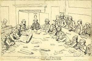 Eine Gerichtsszene mit einer Gruppe von Menschen, wahrscheinlich Anwälten, die um einen langen Tisch sitzen, der mit Papieren und anderen Gegenständen bedeckt ist, mit Text am unteren Bildrand.