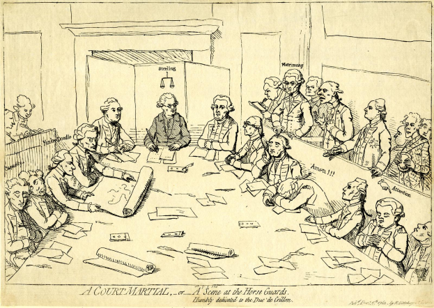 Eine Gerichtsszene mit einer Gruppe von Menschen, wahrscheinlich Anwälten, die um einen langen Tisch sitzen, der mit Papieren und anderen Gegenständen bedeckt ist, mit Text am unteren Bildrand.