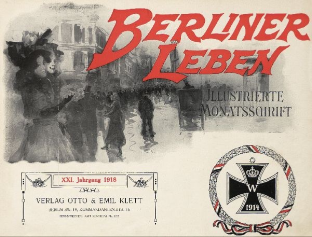 Altes Buchcover betitelt "Berliner Leben" mit einer Gruppe von Menschen in einer feierlichen Umgebung und einem militärisch verbundenen Logo.